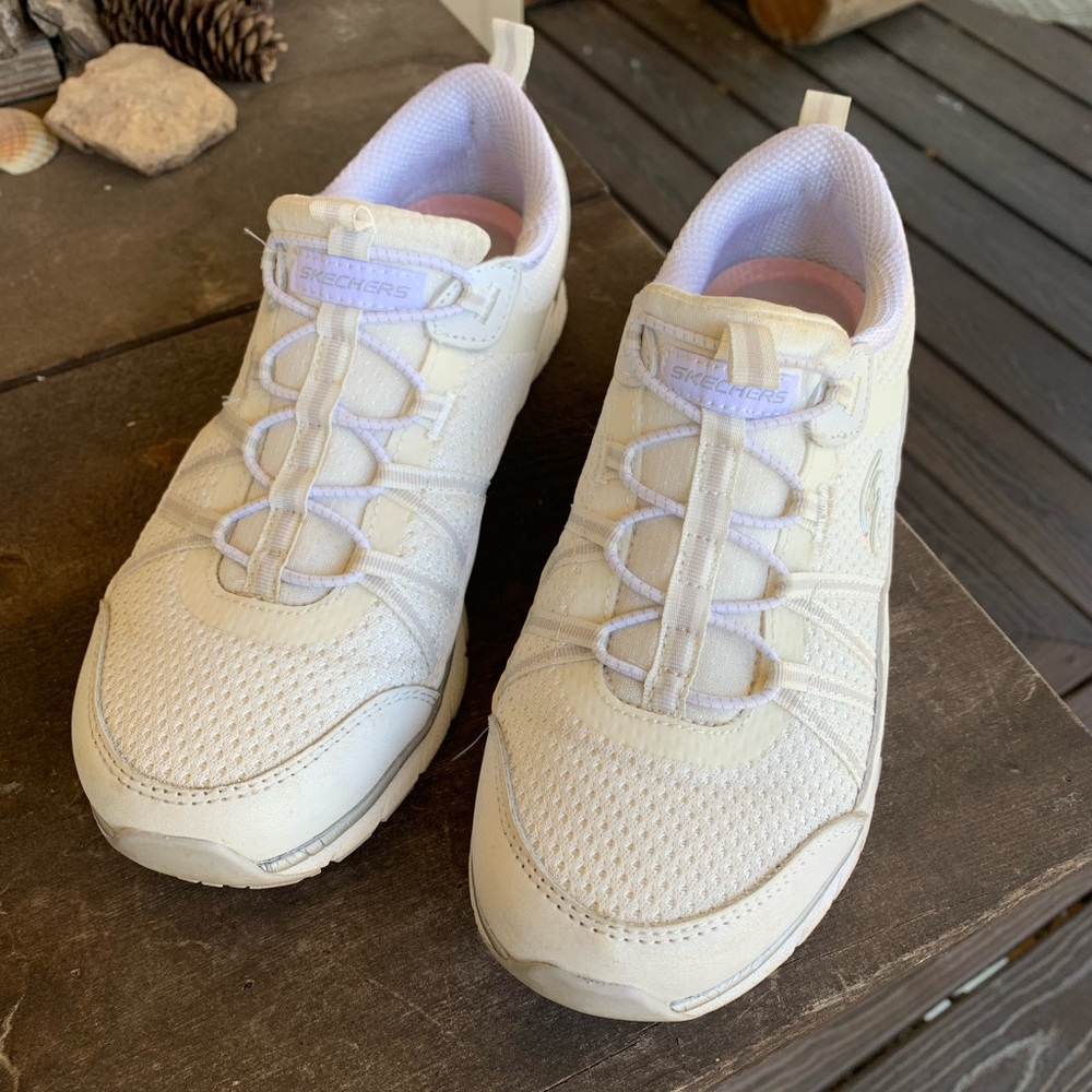 Skechers Lace-Free White and Light Pink Slip-On Sneakers